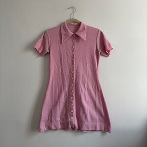 Vintage handmade 60s baby pink knit ribbed polo mini fit and flair Dress
